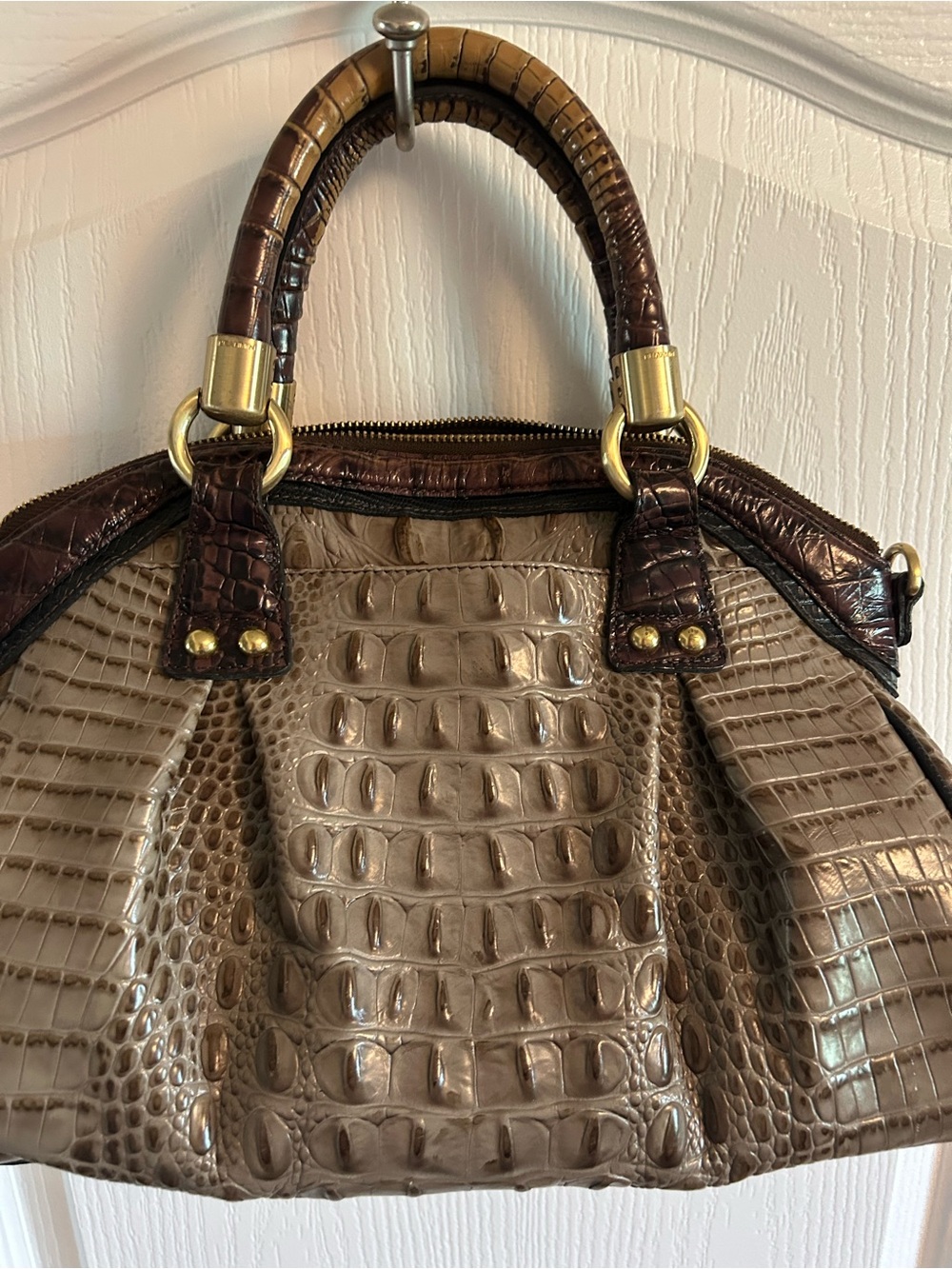 Brahmin Taupe Croc-Embossed Satchel with Dark Brown Trim - Picture 5 of 8